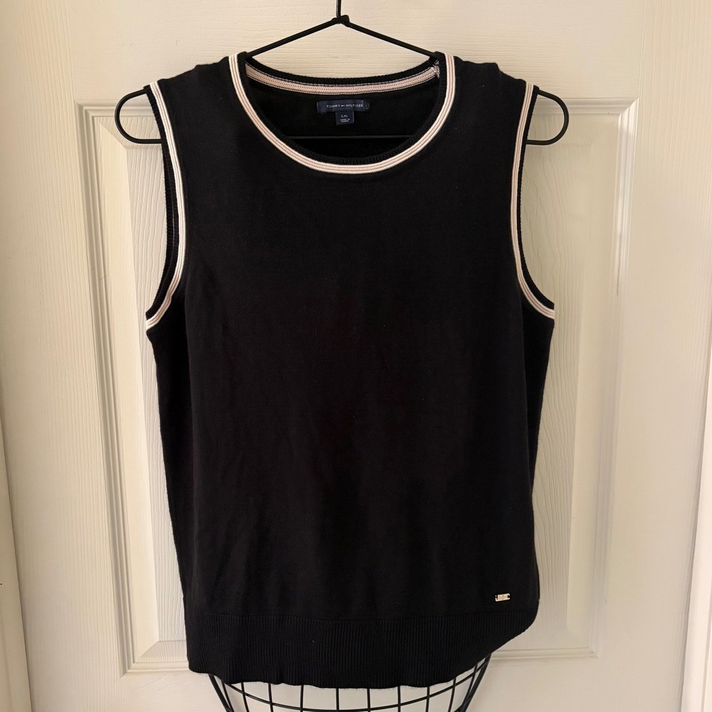 Tommy Hilfiger Womens Large Black Sleeveless Knit Sweater Top Contrast Trim